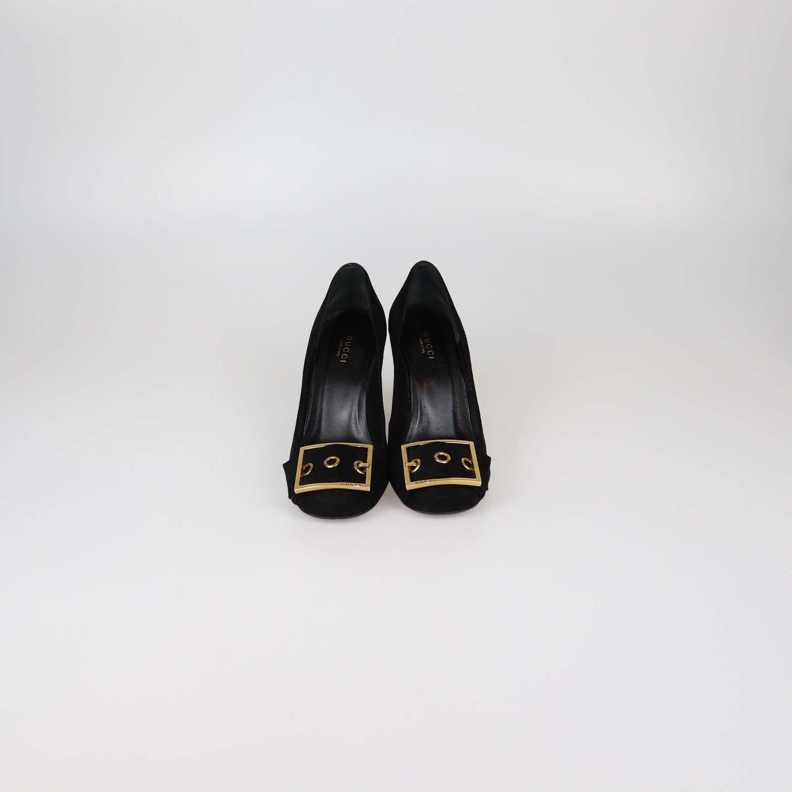 Gucci Black Suede Buckle Detail Block Heel Pumps