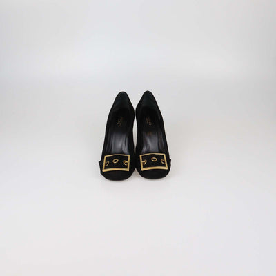 Gucci Black Suede Buckle Detail Block Heel Pumps