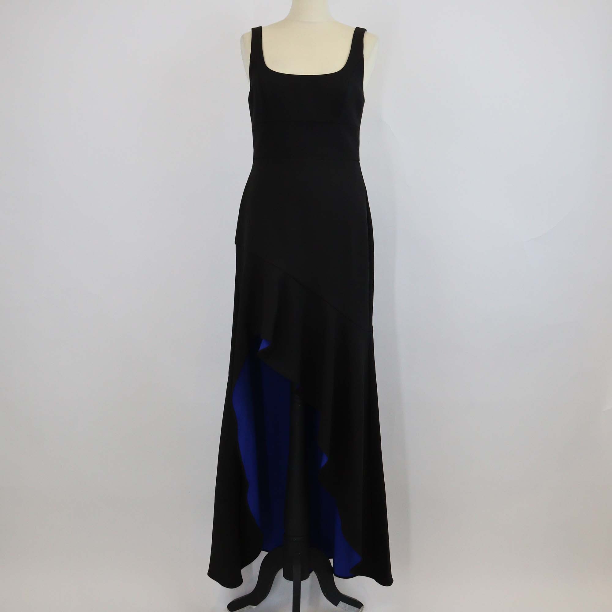BCBGMaxazria Black/Blue Crepe Cascading Front Hem Gown
