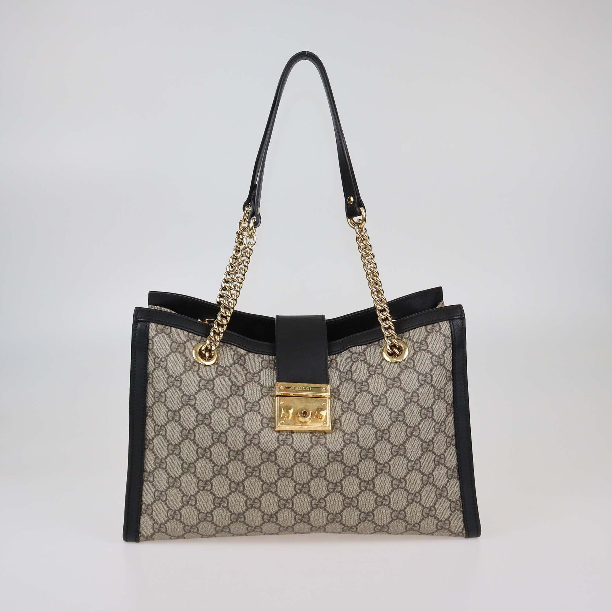 Gucci Black/Beige GG Supreme Canvas Medium Padlock Tote Womens Gucci 