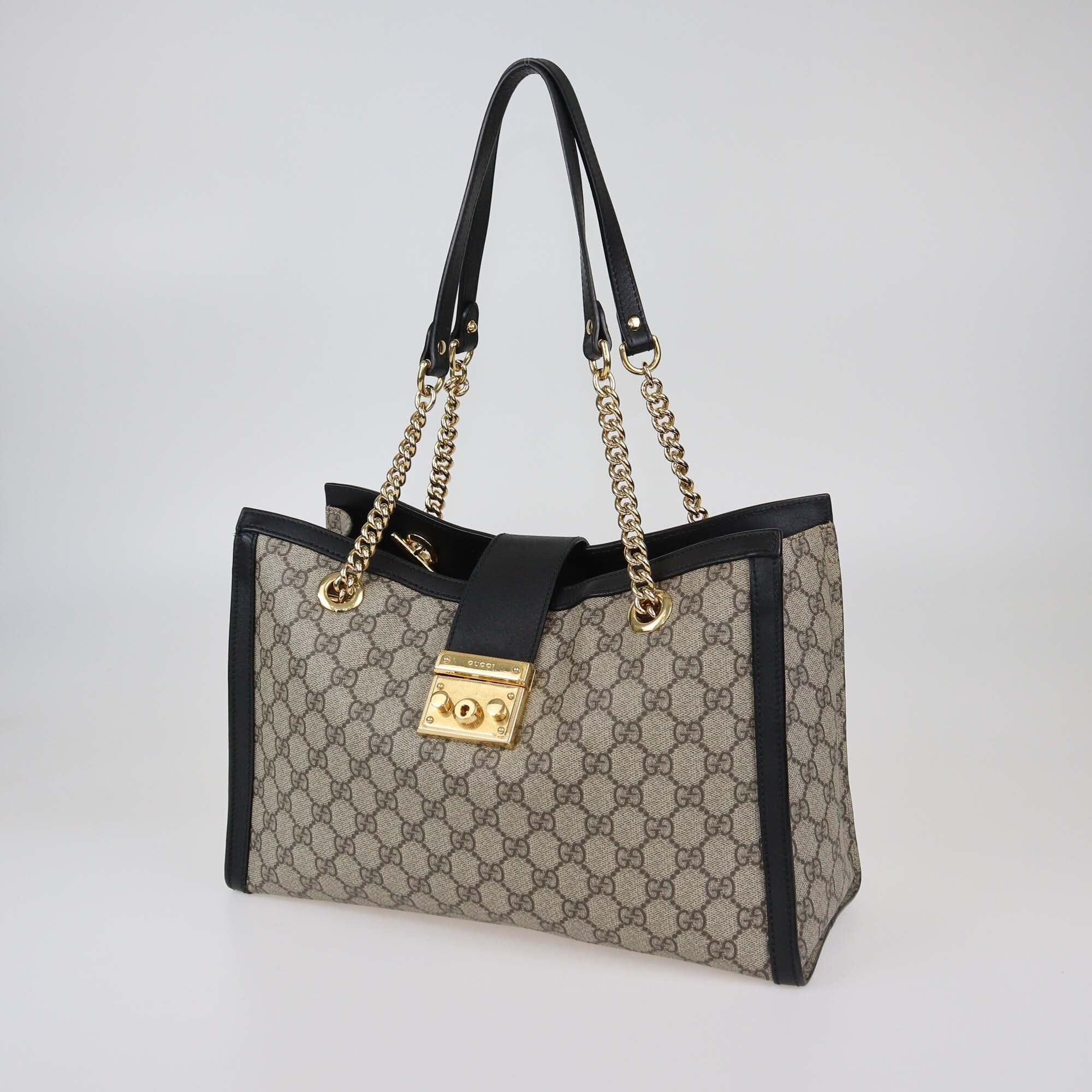 Gucci Black/Beige GG Supreme Canvas Medium Padlock Tote Womens Gucci 