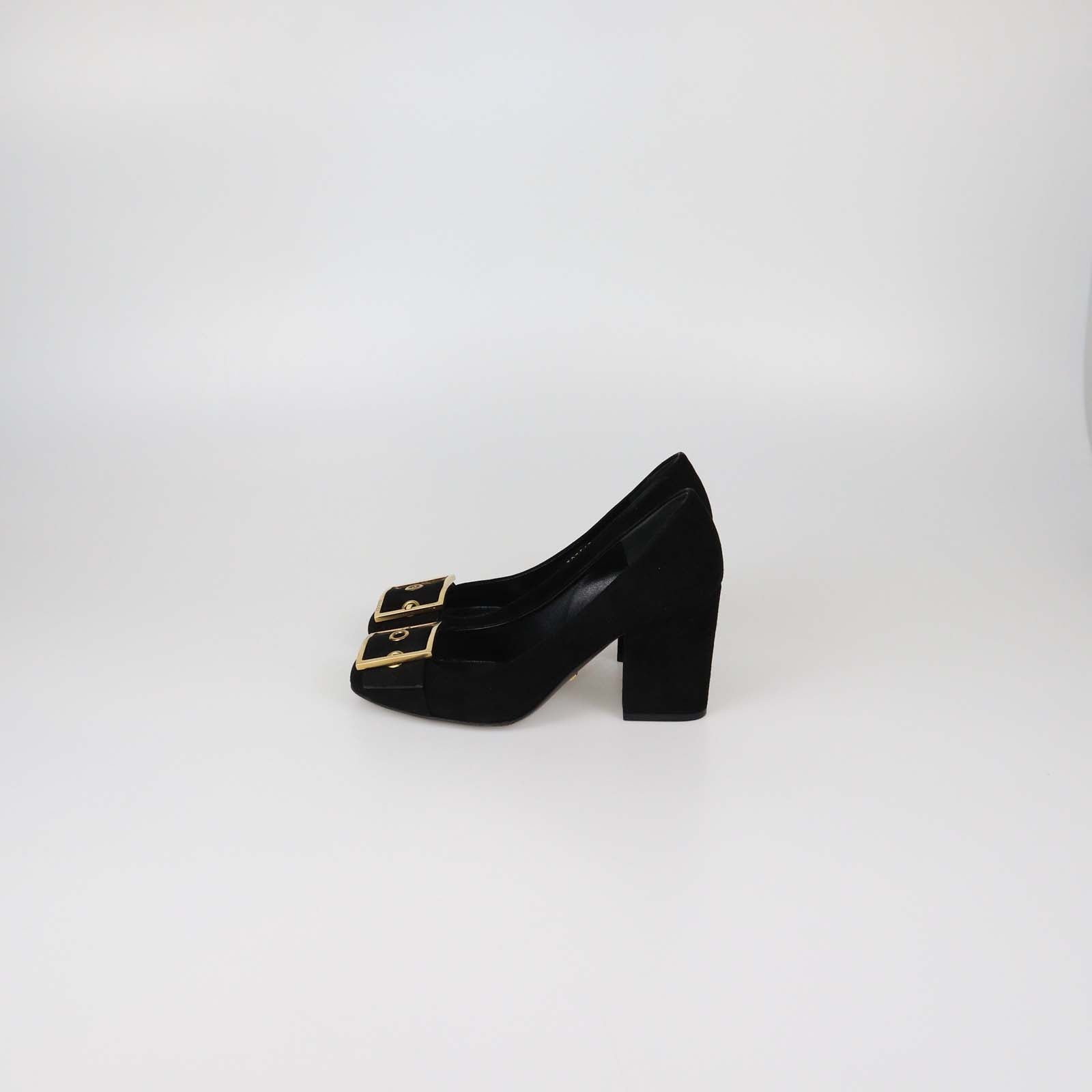 Gucci Black Suede Buckle Detail Block Heel Pumps