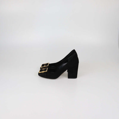 Gucci Black Suede Buckle Detail Block Heel Pumps