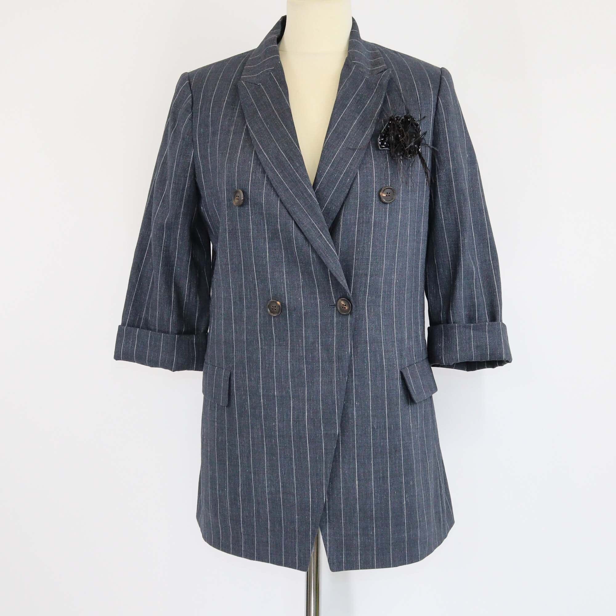 Brunello Cucinelli Charcoal Grey Pin Striped Crystal Embellished Double Breasted Blazer Womens Brunello Cucinelli 