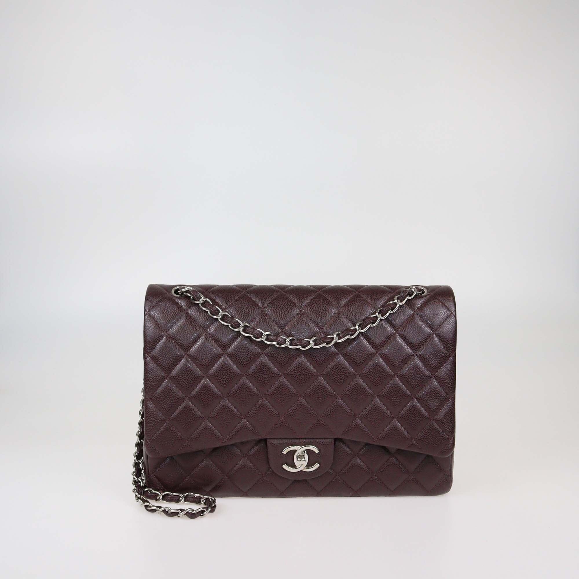 Chanel Burgundy Quilted Caviar Leather Maxi Classic Double Flap Bag Womens Chanel 