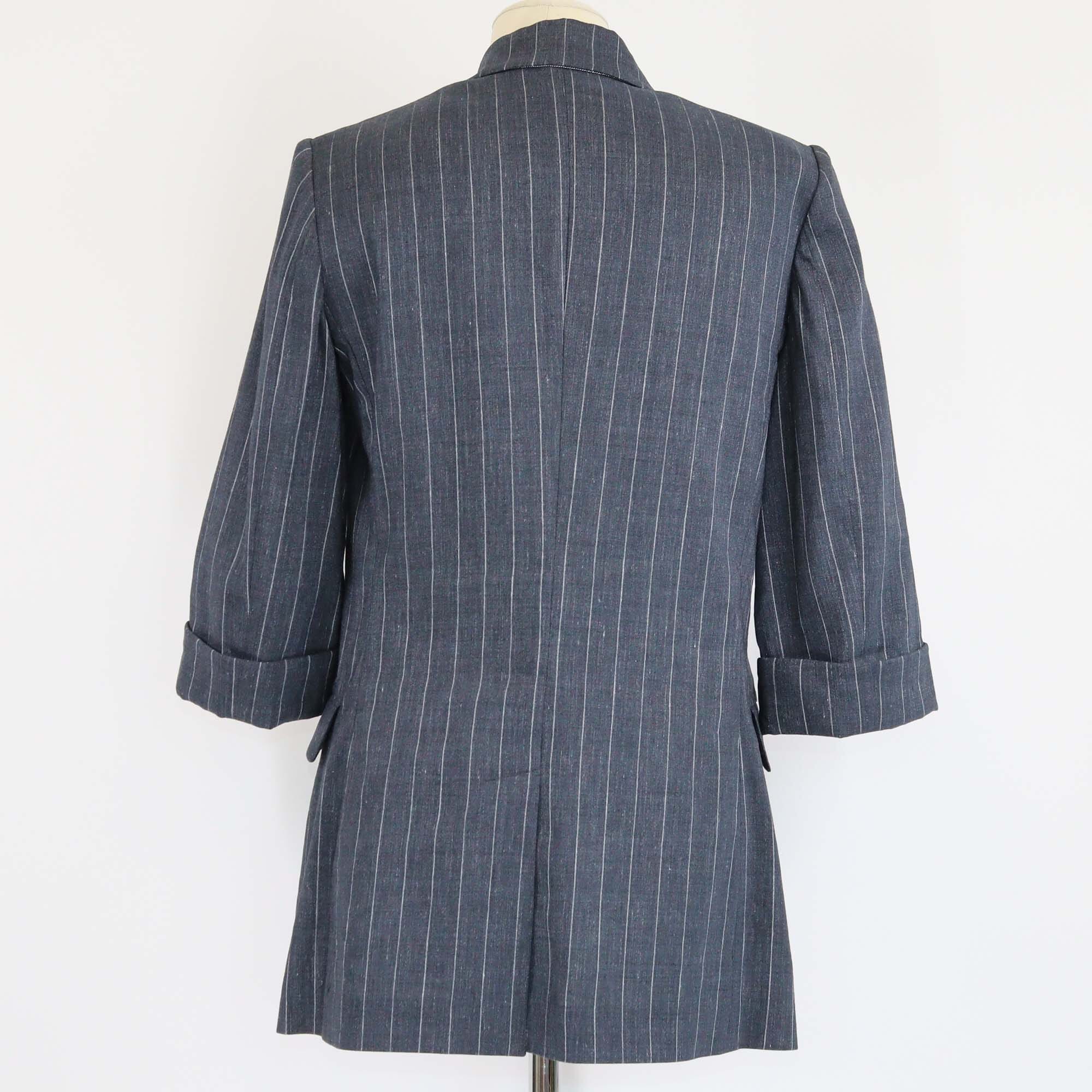 Brunello Cucinelli Charcoal Grey Pin Striped Crystal Embellished Double Breasted Blazer Womens Brunello Cucinelli 