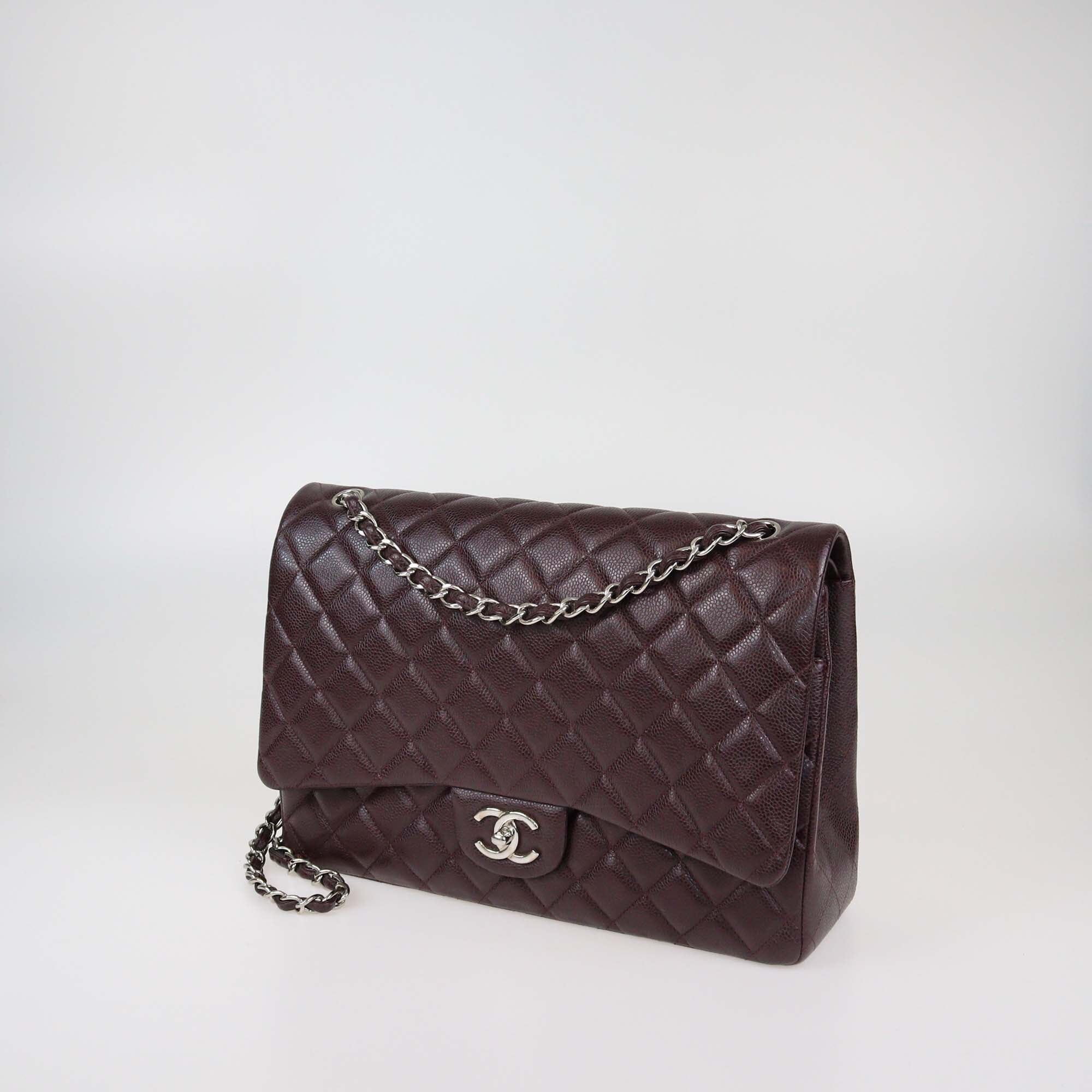 Chanel Burgundy Quilted Caviar Leather Maxi Classic Double Flap Bag Womens Chanel 