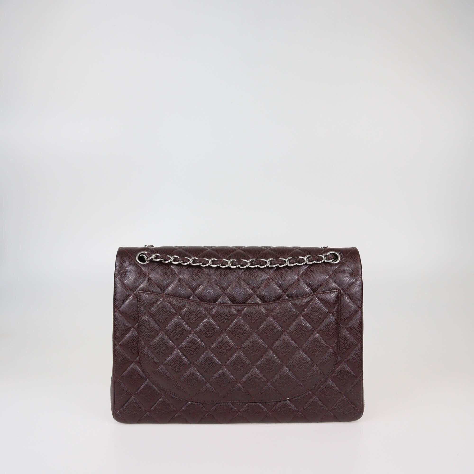 Chanel Burgundy Quilted Caviar Leather Maxi Classic Double Flap Bag Womens Chanel 