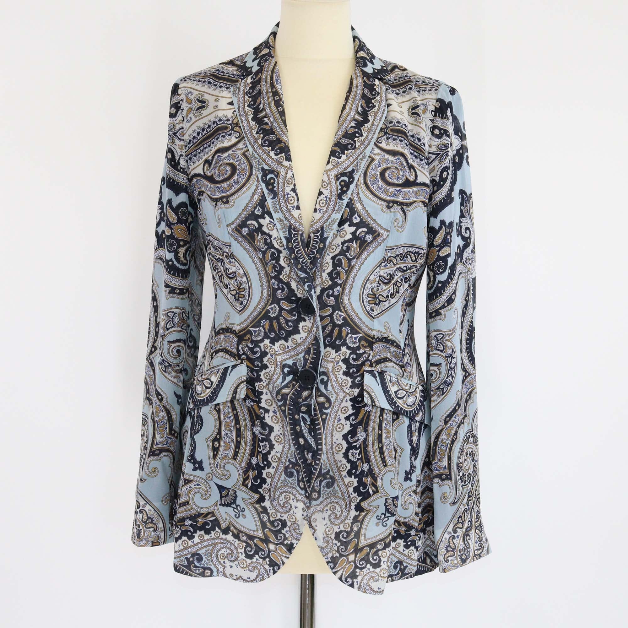 Etro Blue Paisley Print Silk Single Breasted Blazer Womens Etro 