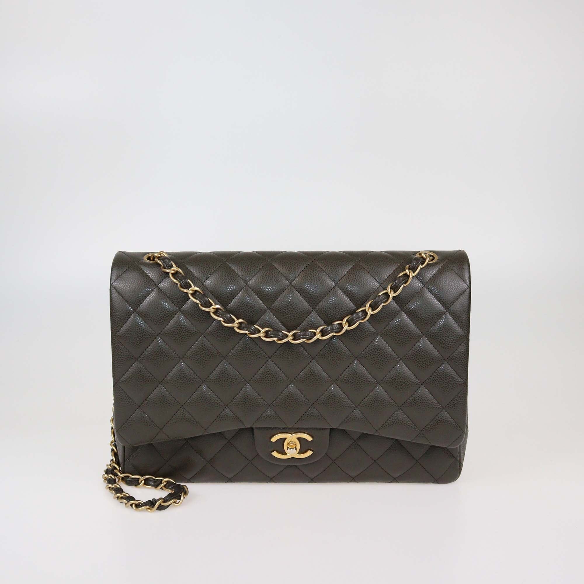 Chanel Military Green Quilted Caviar Leather Maxi Classic Double Flap Bag Womens Chanel 
