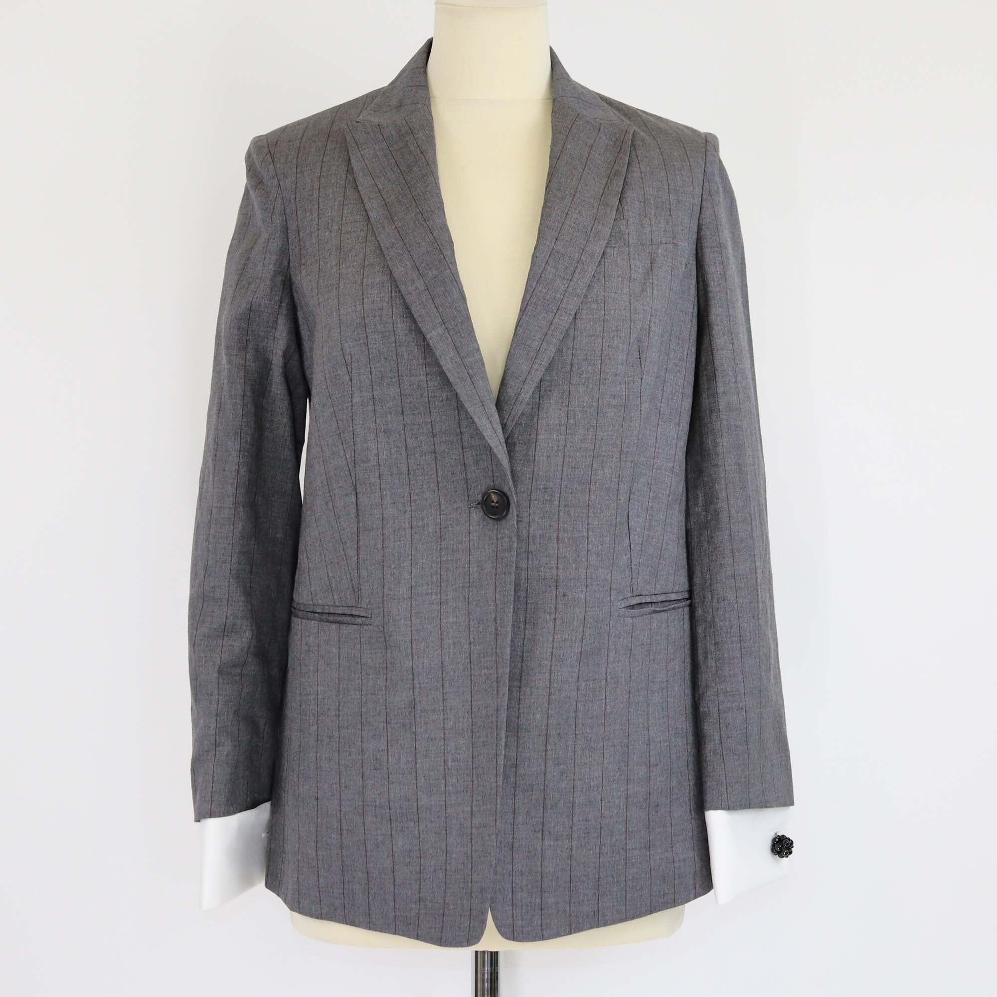 Brunello Cucinelli Grey Pinstripe Wool Single Breasted Blazer Womens Brunello Cucinelli 