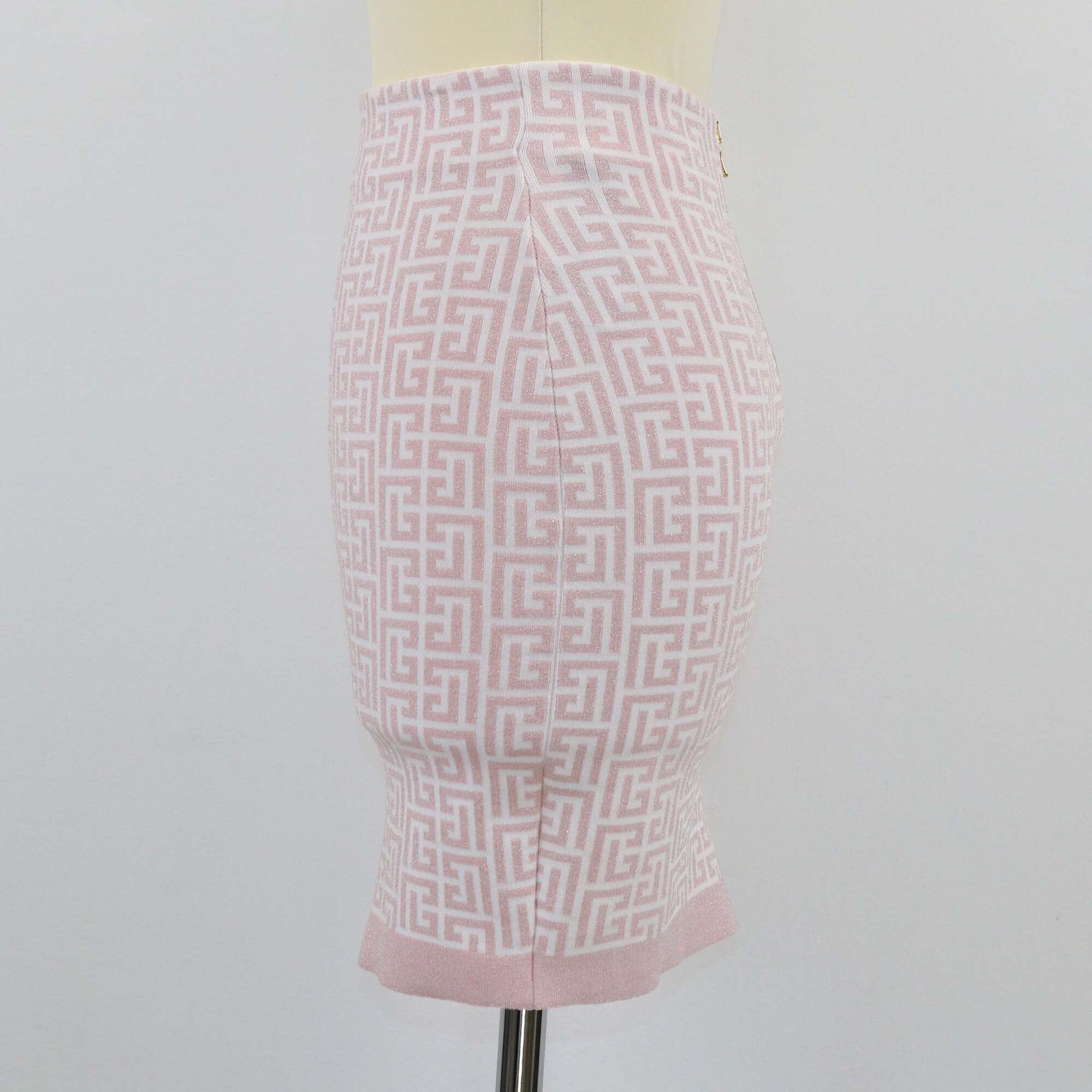 Balmain Light Pink Monogram Lurex Knit Mini Skirt Womens Balmain 