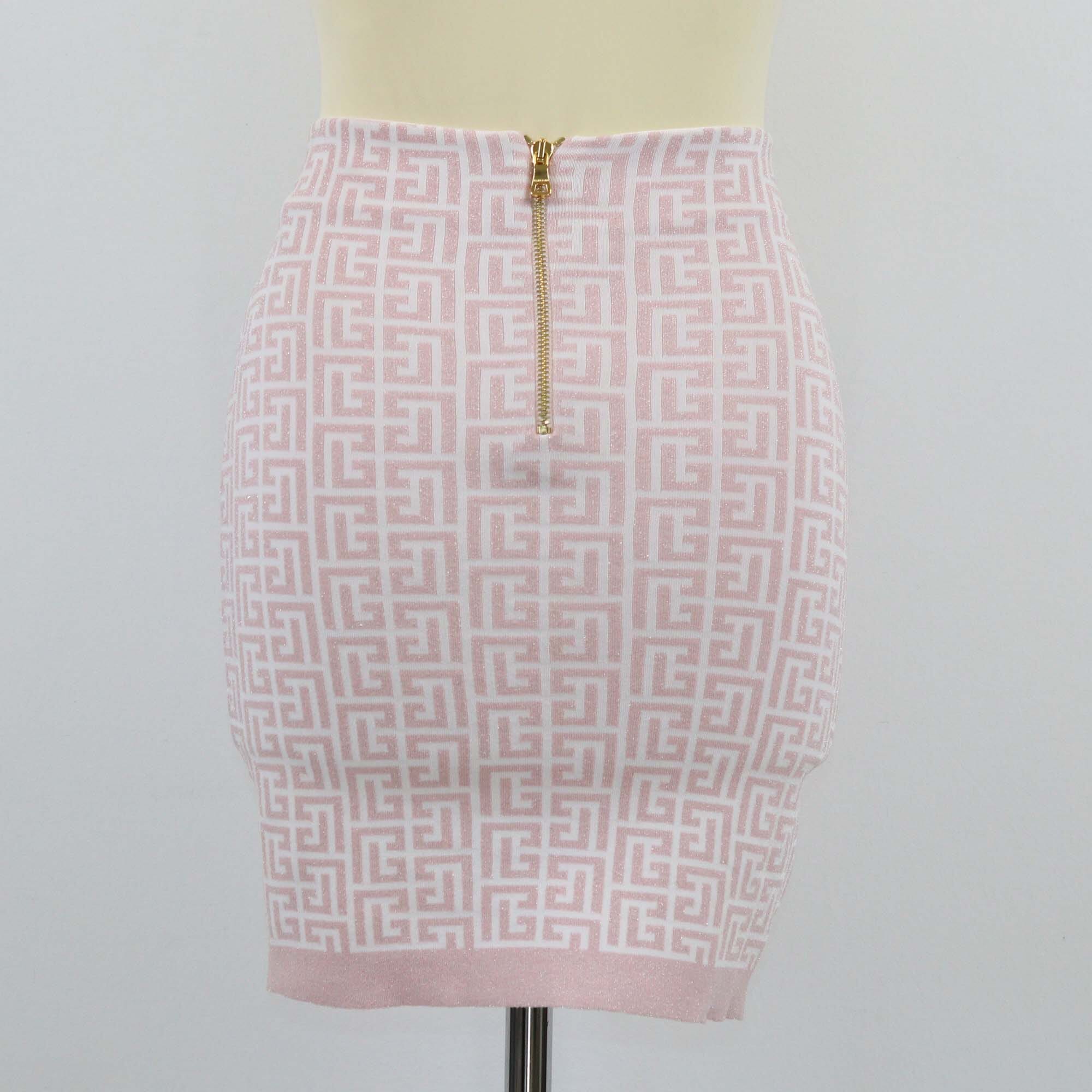 Balmain Light Pink Monogram Lurex Knit Mini Skirt Womens Balmain 