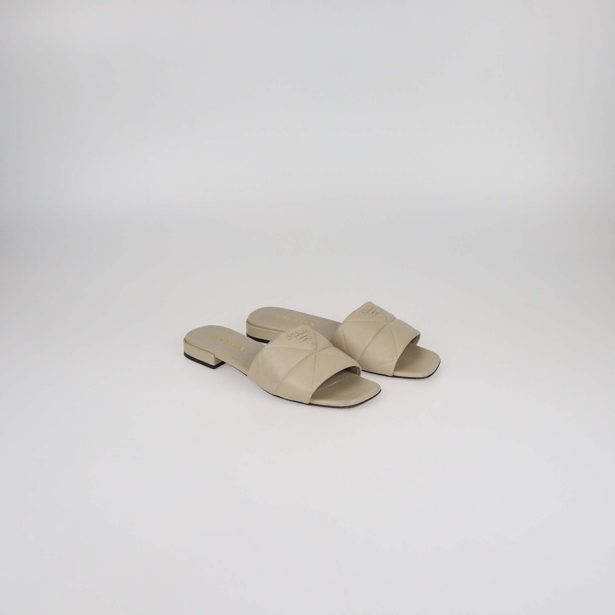 Prada Beige Quilted Leather Logo Slide Sandals