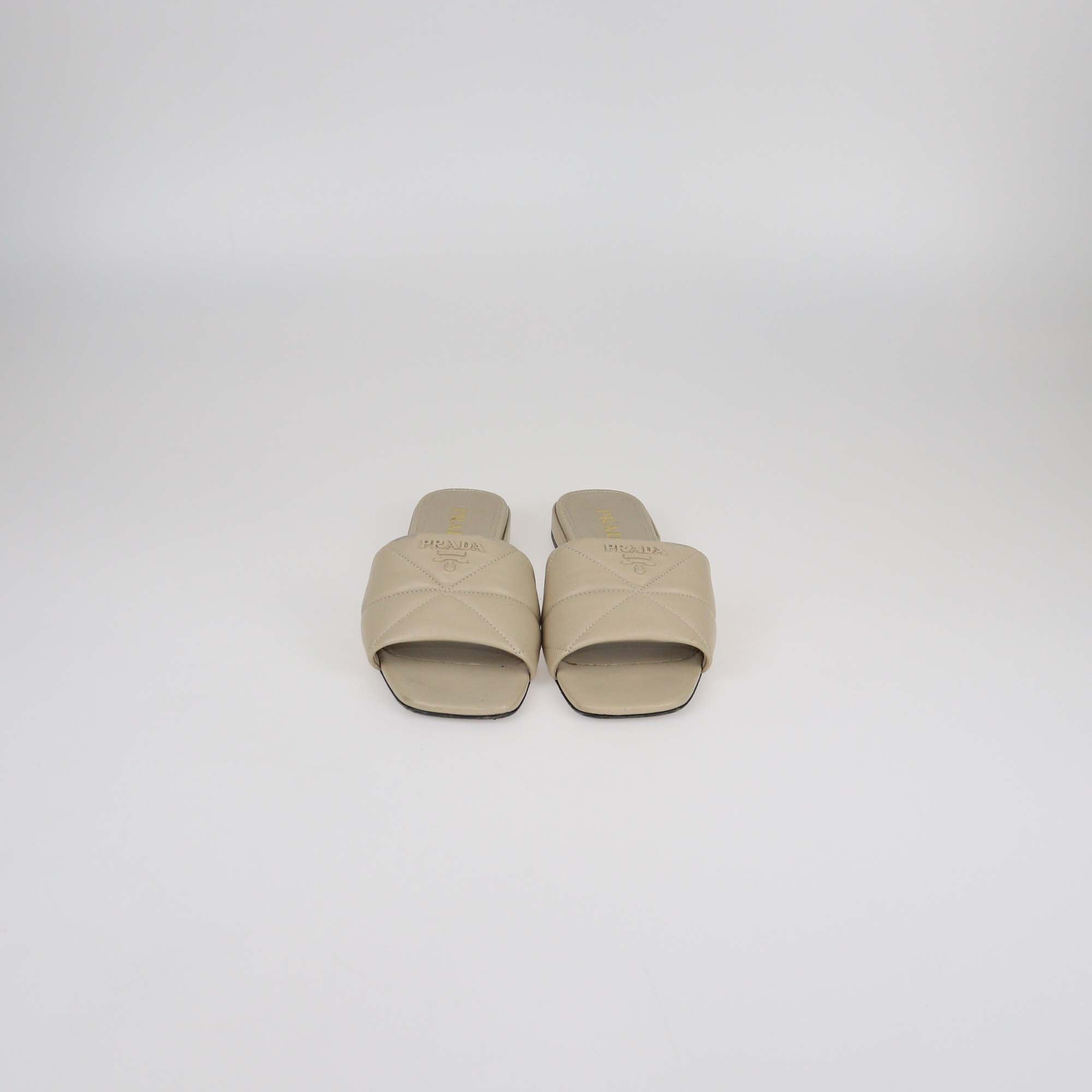 Prada Beige Quilted Leather Logo Slide Sandals