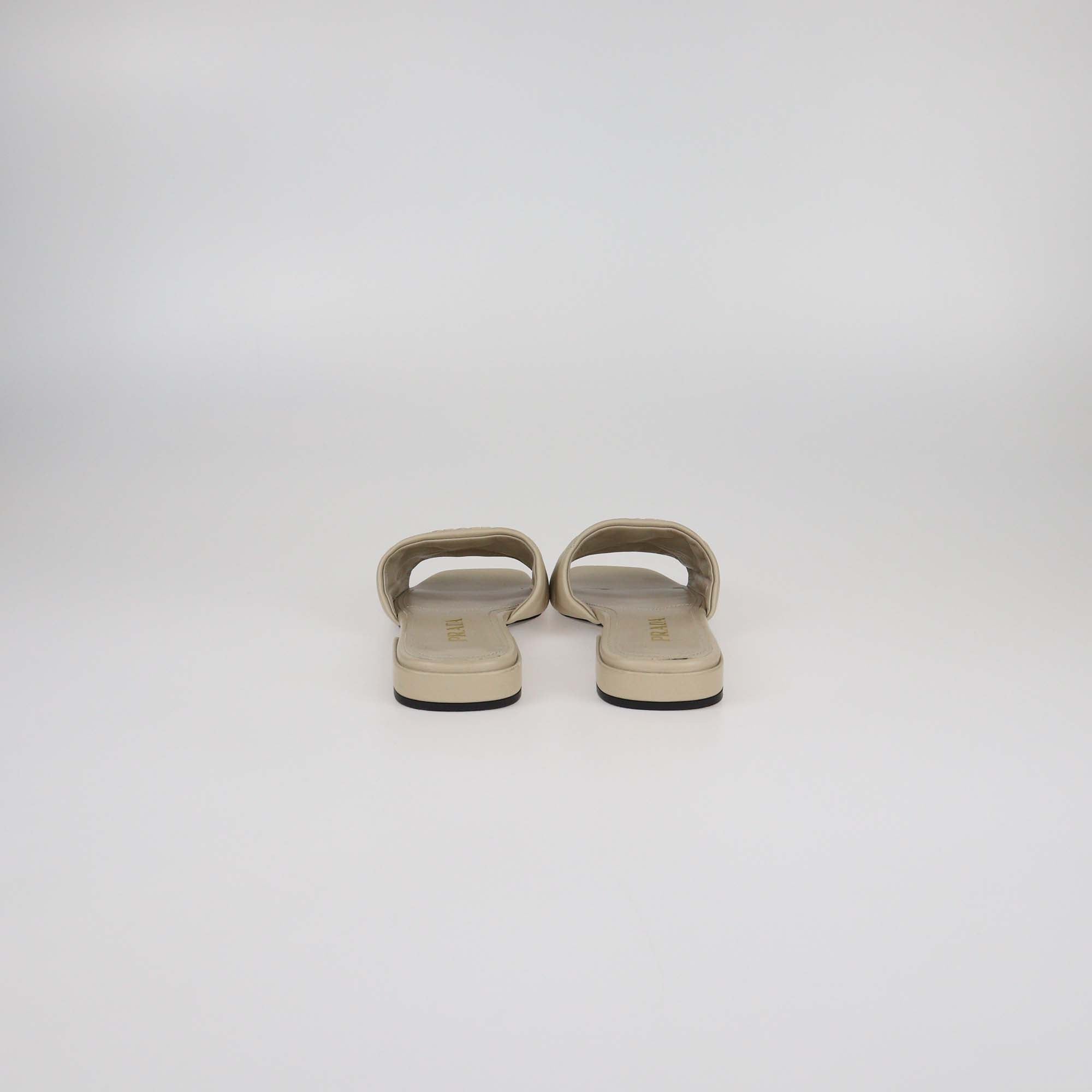 Prada Beige Quilted Leather Logo Slide Sandals