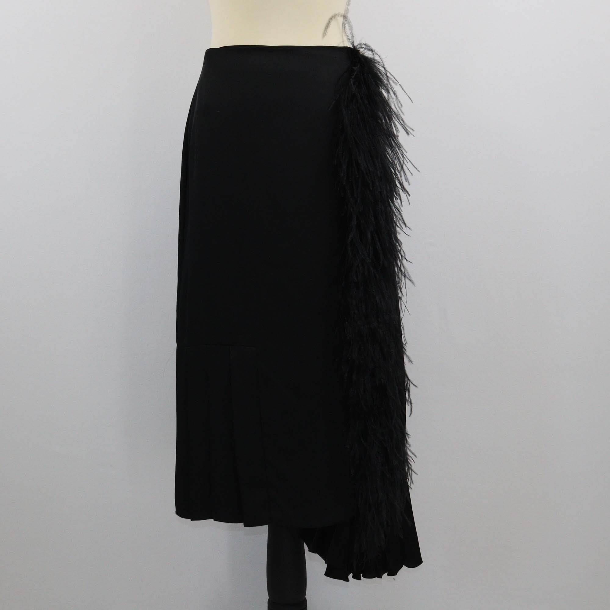 Prada Black Ostrich Trim Pleated Midi Skirt Womens Prada 