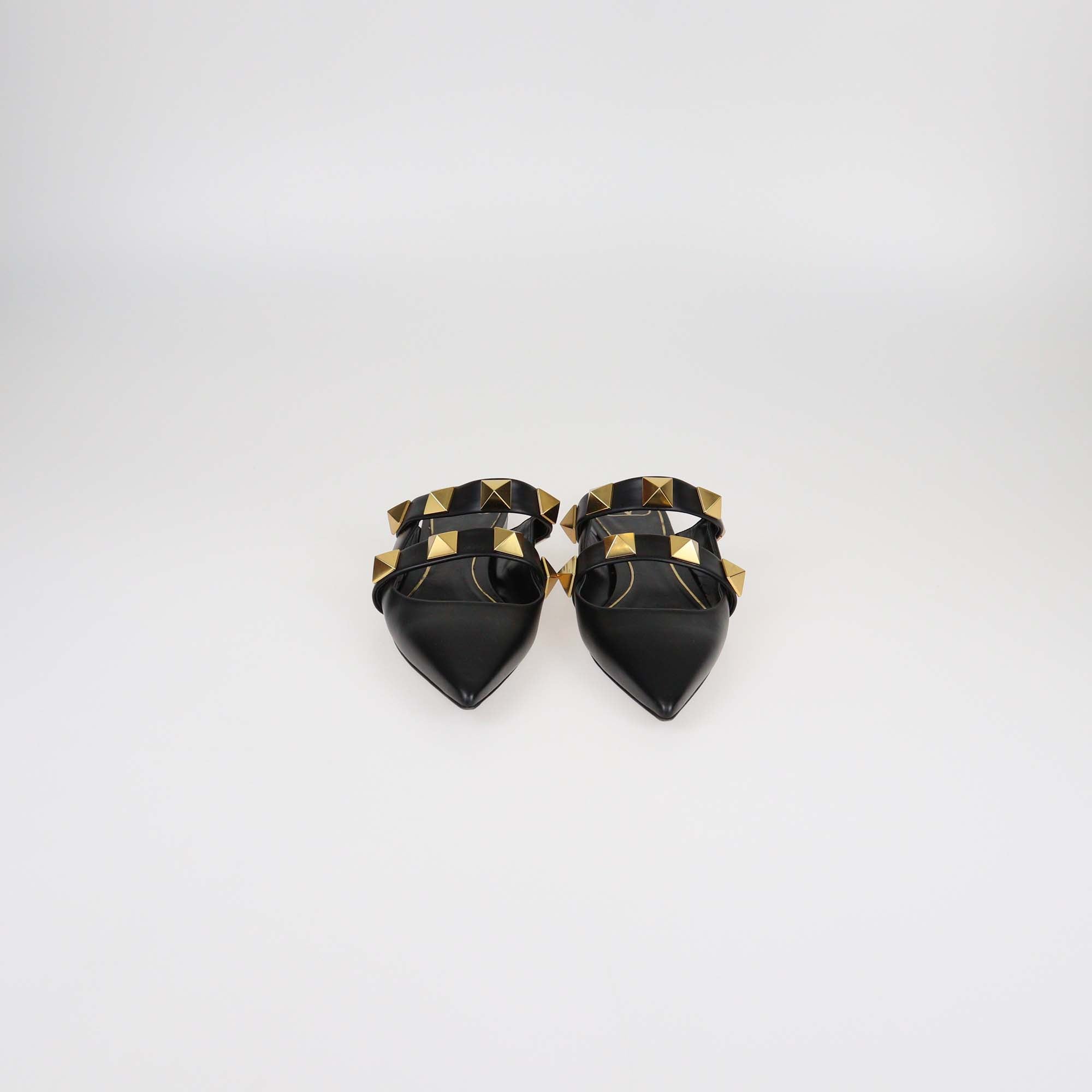 Valentino Black Leather Roman Stud Flat Mules