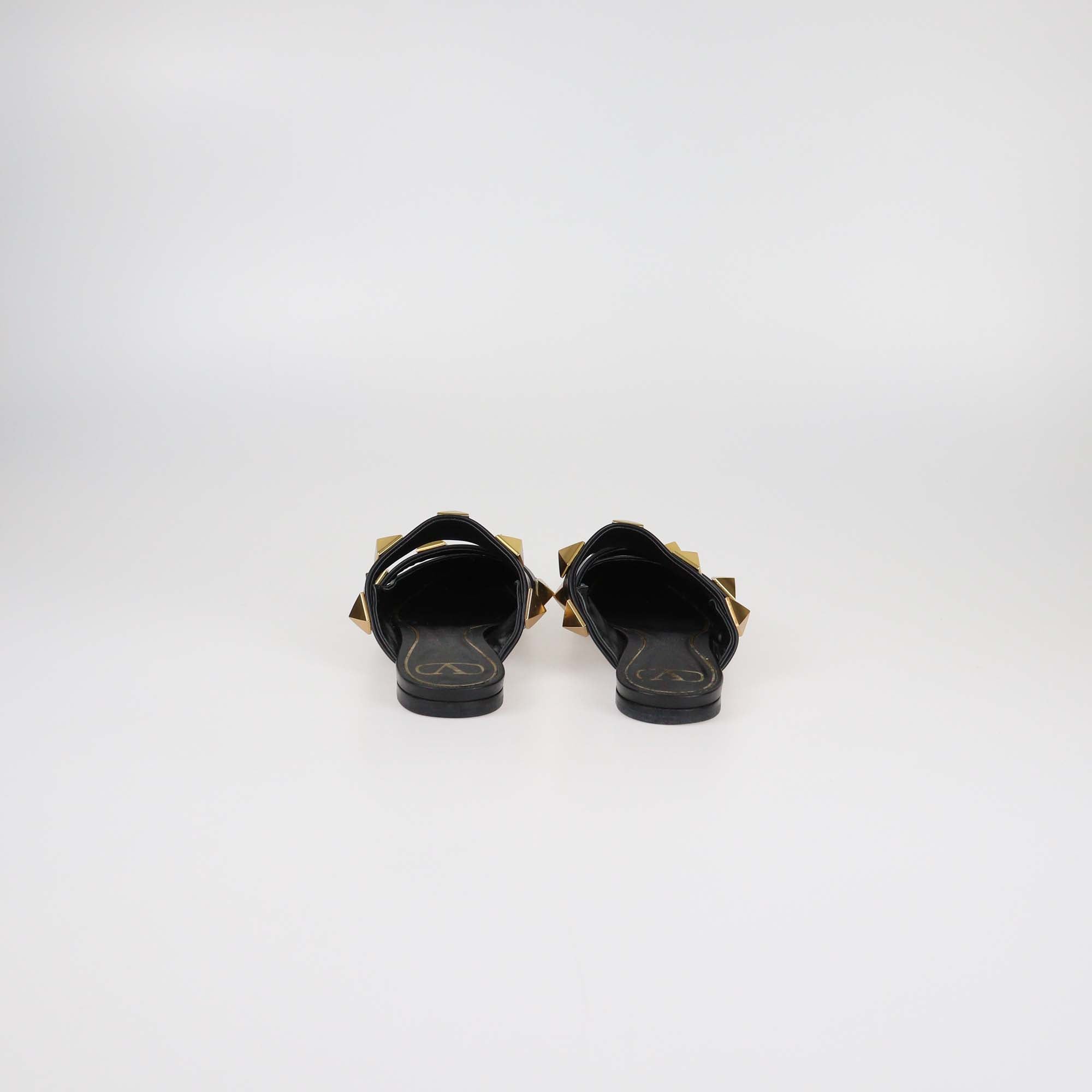Valentino Black Leather Roman Stud Flat Mules