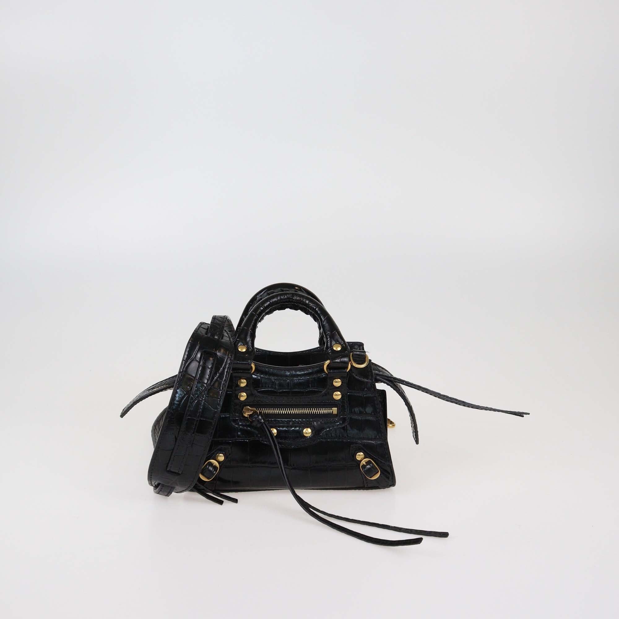 Balenciaga Black Croc Embossed Leather Nano Neo Classic City Bag Womens Balenciaga 