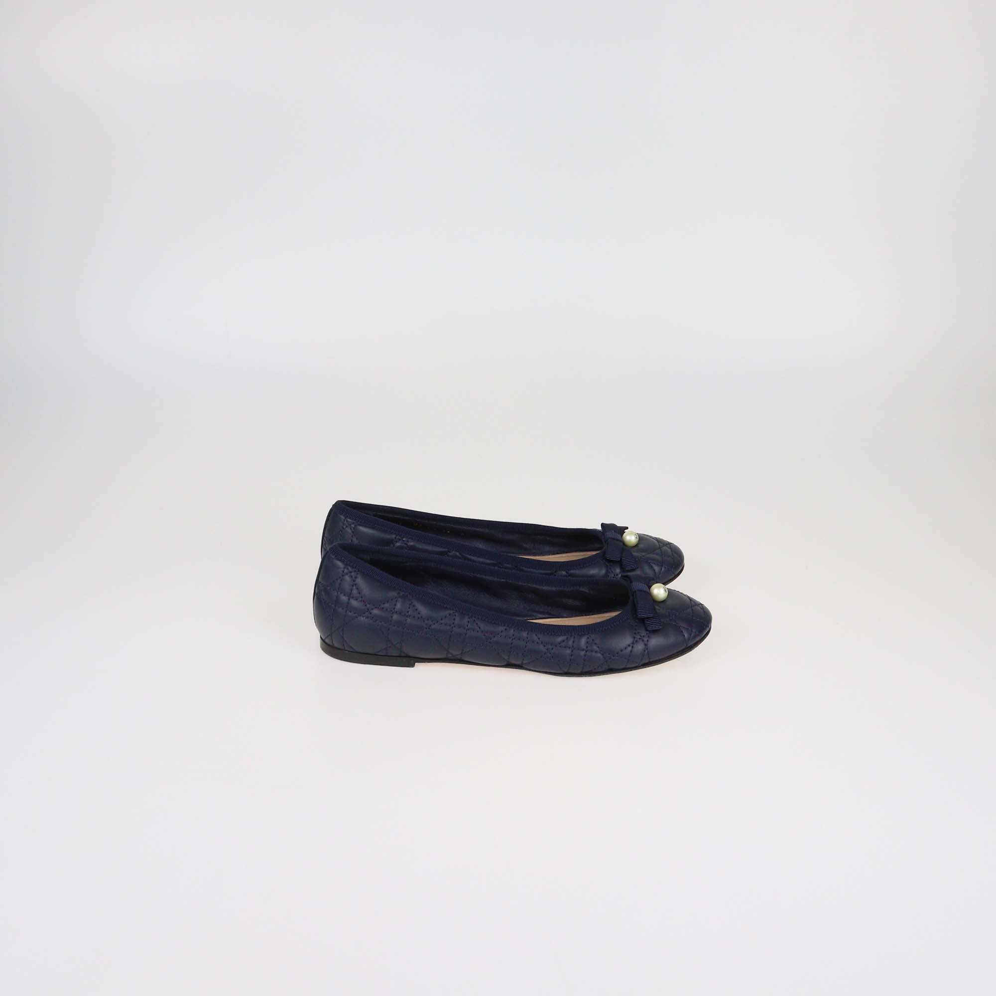 Christian Dior Navy Blue Cannage Leather Pearl Bow Ballet Flats