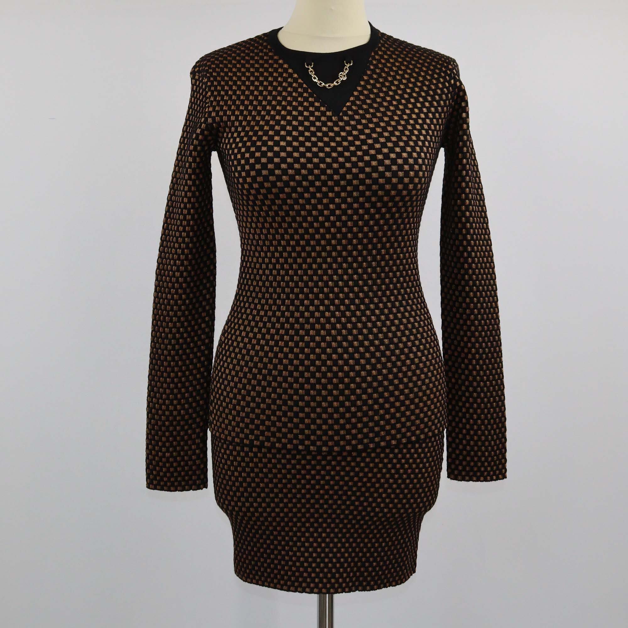 Louis Vuitton Black Mini Checkerboard Knit Longsleeve Top & Mini Skirt Womens Louis Vuitton 