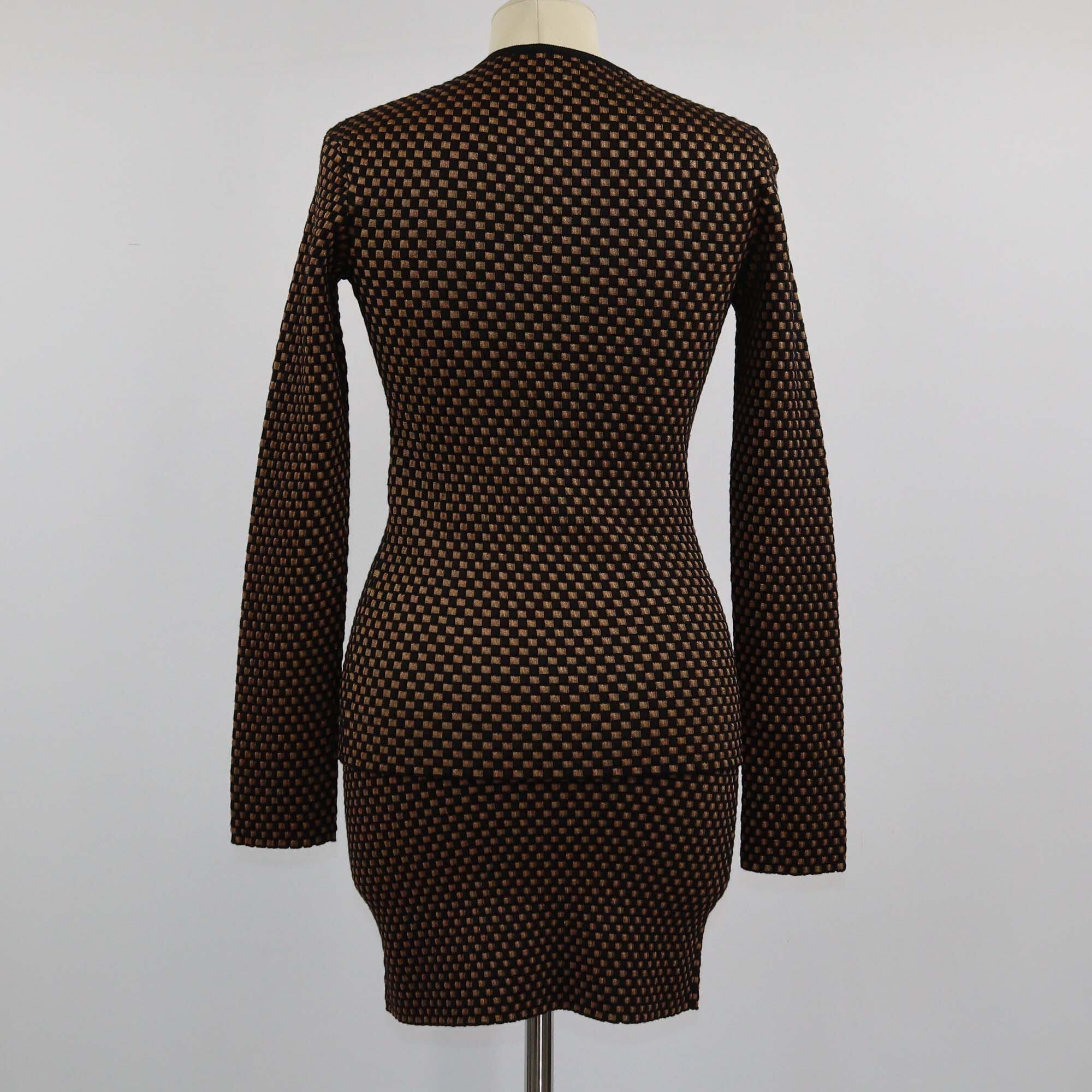 Louis Vuitton Black Mini Checkerboard Knit Longsleeve Top & Mini Skirt Womens Louis Vuitton 