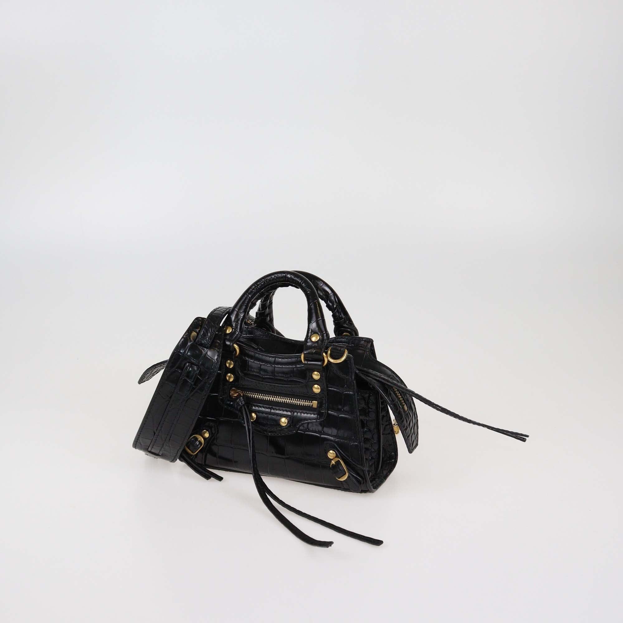 Balenciaga Black Croc Embossed Leather Nano Neo Classic City Bag Womens Balenciaga 