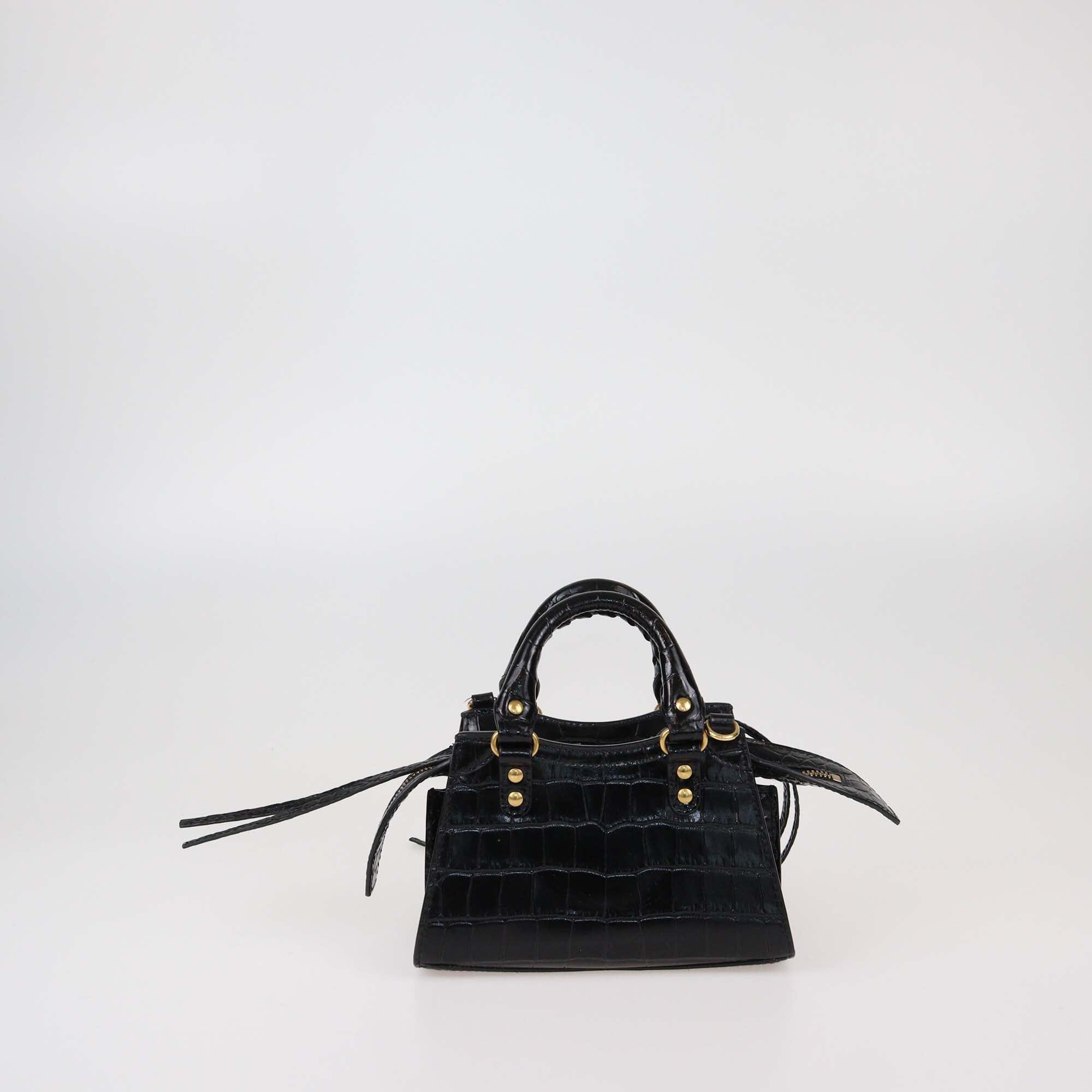 Balenciaga Black Croc Embossed Leather Nano Neo Classic City Bag Womens Balenciaga 