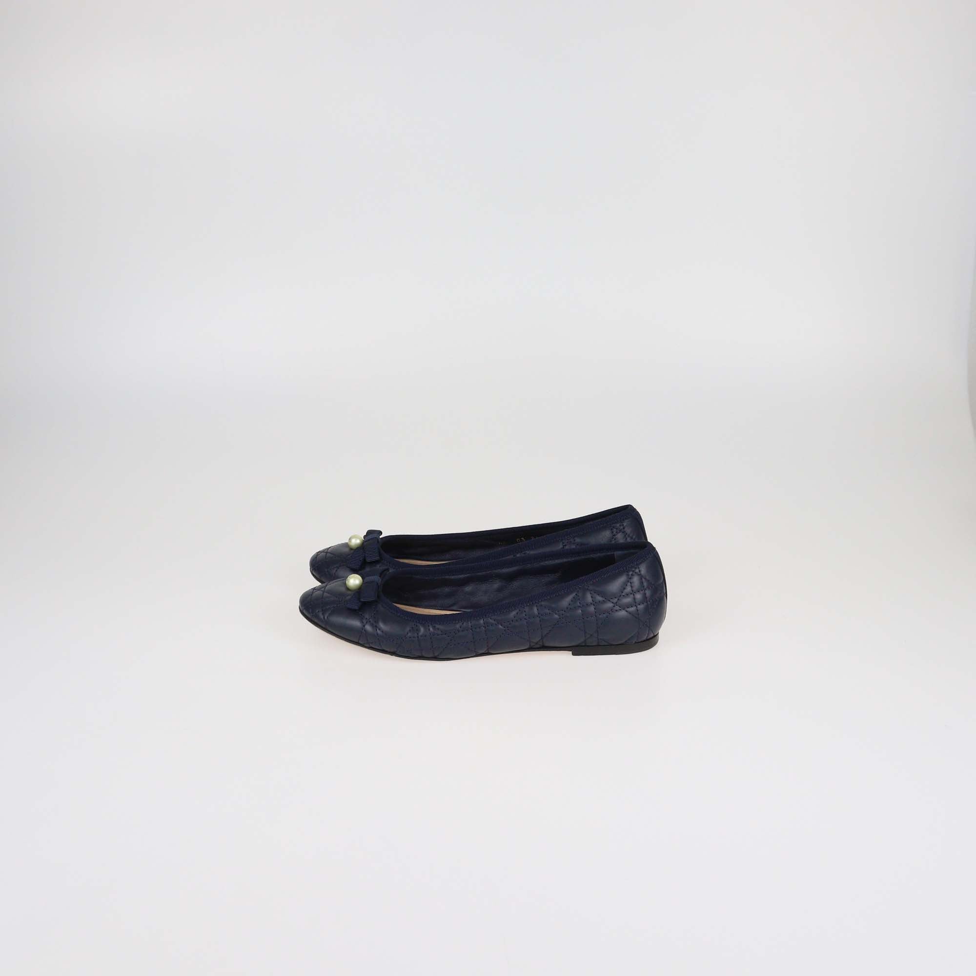 Christian Dior Navy Blue Cannage Leather Pearl Bow Ballet Flats