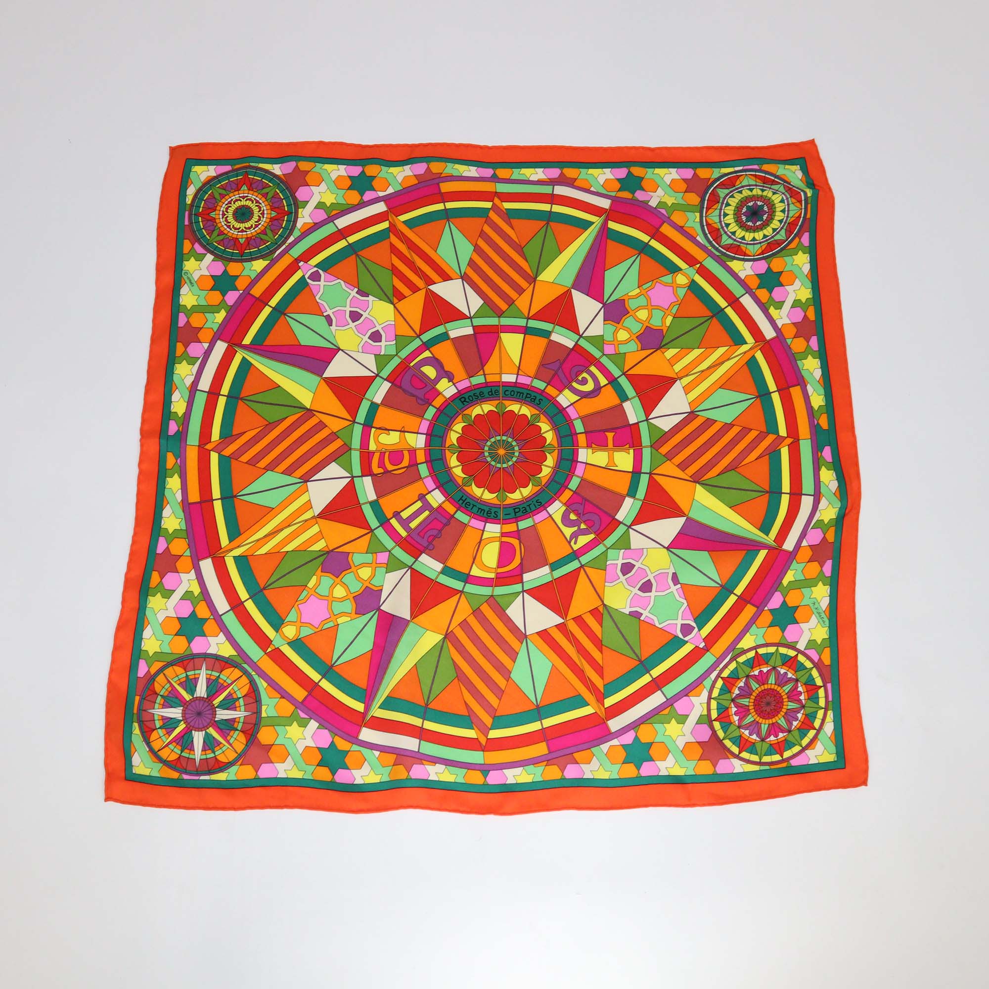 Hermes Orange Silk Rose de Compas Print Scarf 70