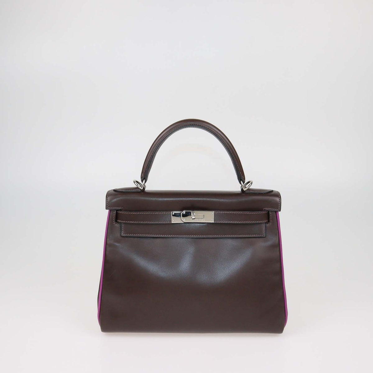 Hermes Chocolat, Cyclamen Box Calf Leather Palladium Hardware Kelly Retourne 28 Bag