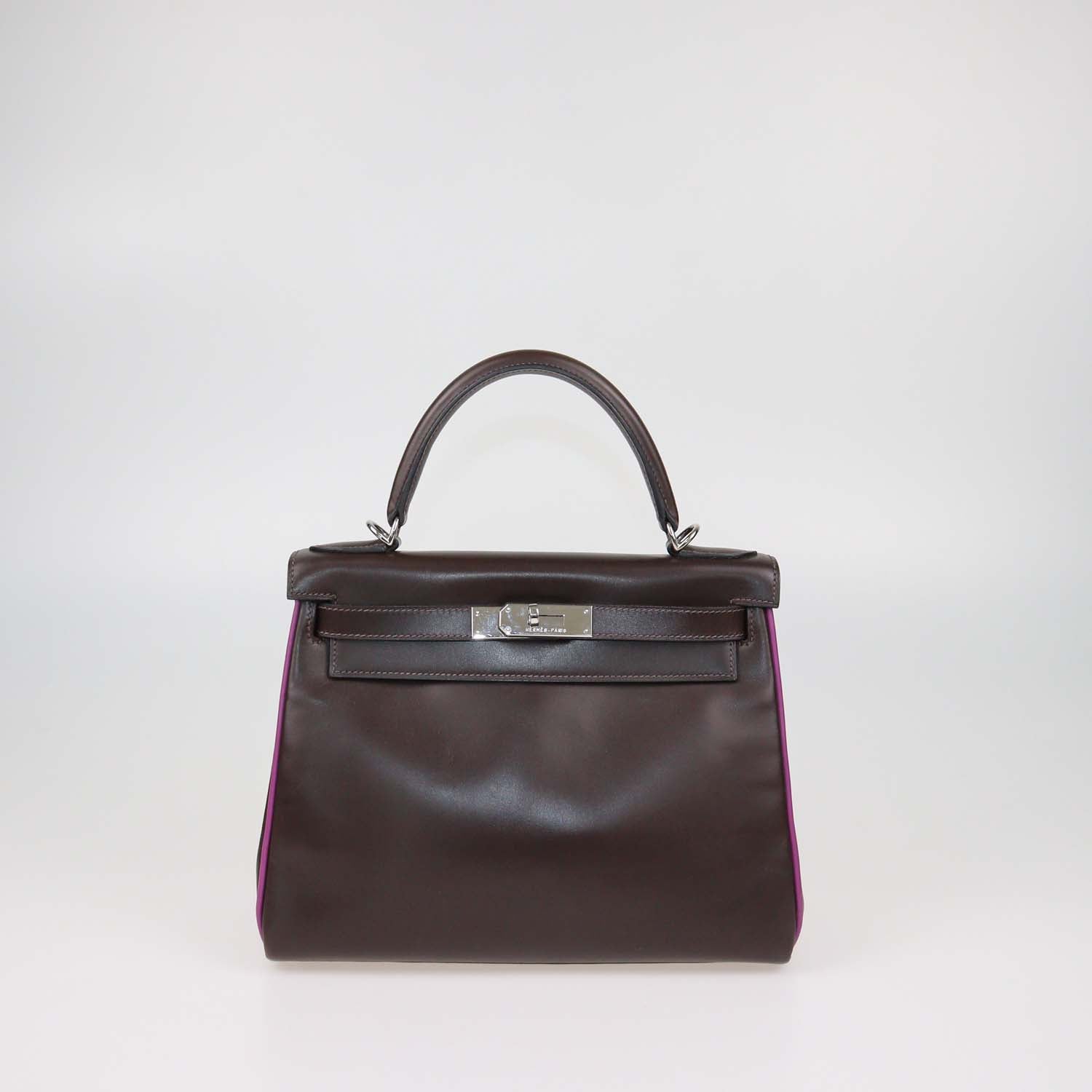 Hermes Chocolat, Cyclamen Box Calf Leather Palladium Hardware Kelly Retourne 28 Bag