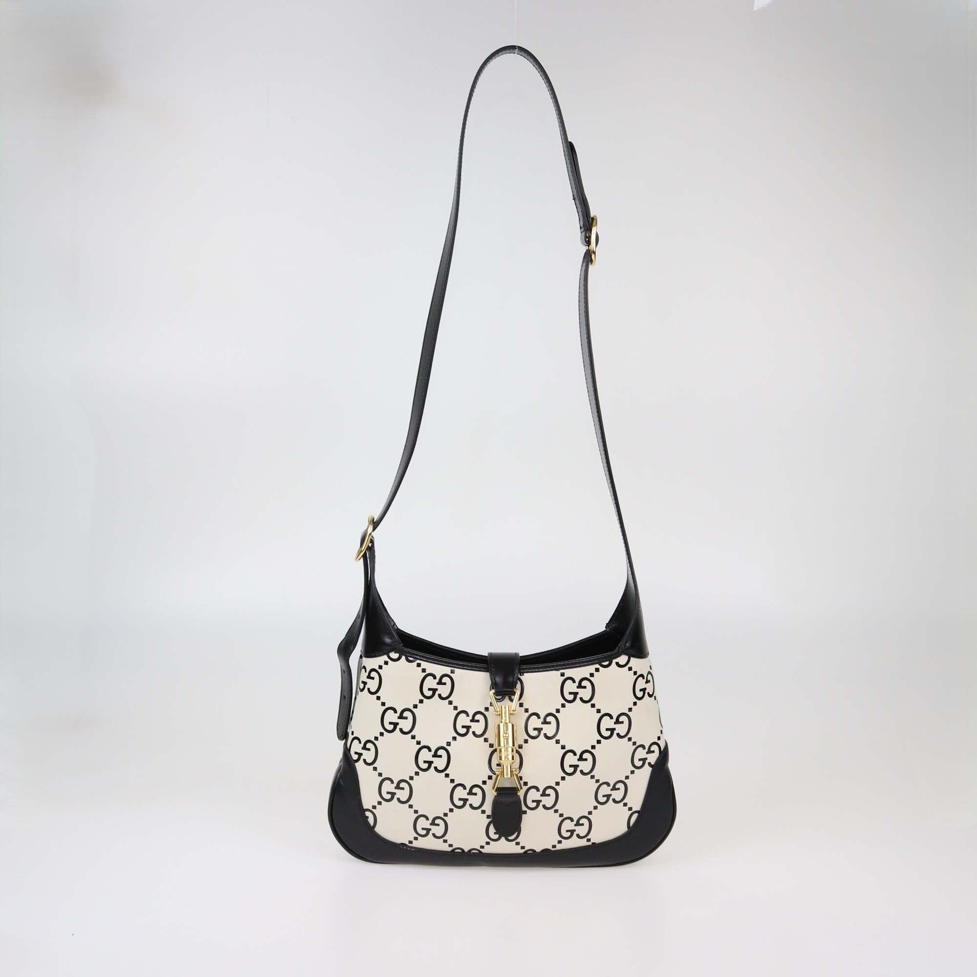 Gucci Black/White GG Leather Medium Jackie 1961 Hobo Womens Gucci 