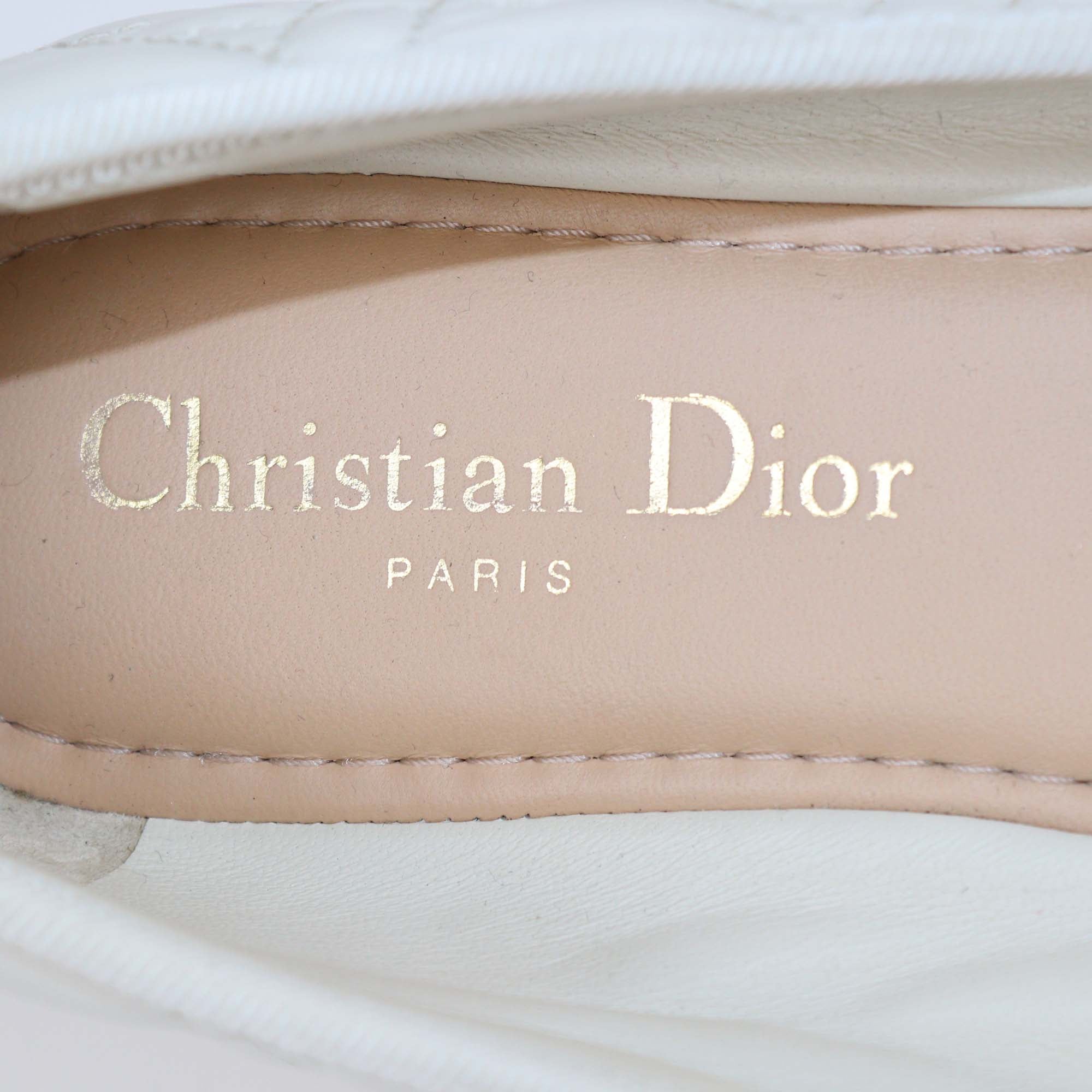 Christian Dior White Cannage Leather Pearl Bow Ballet Flats