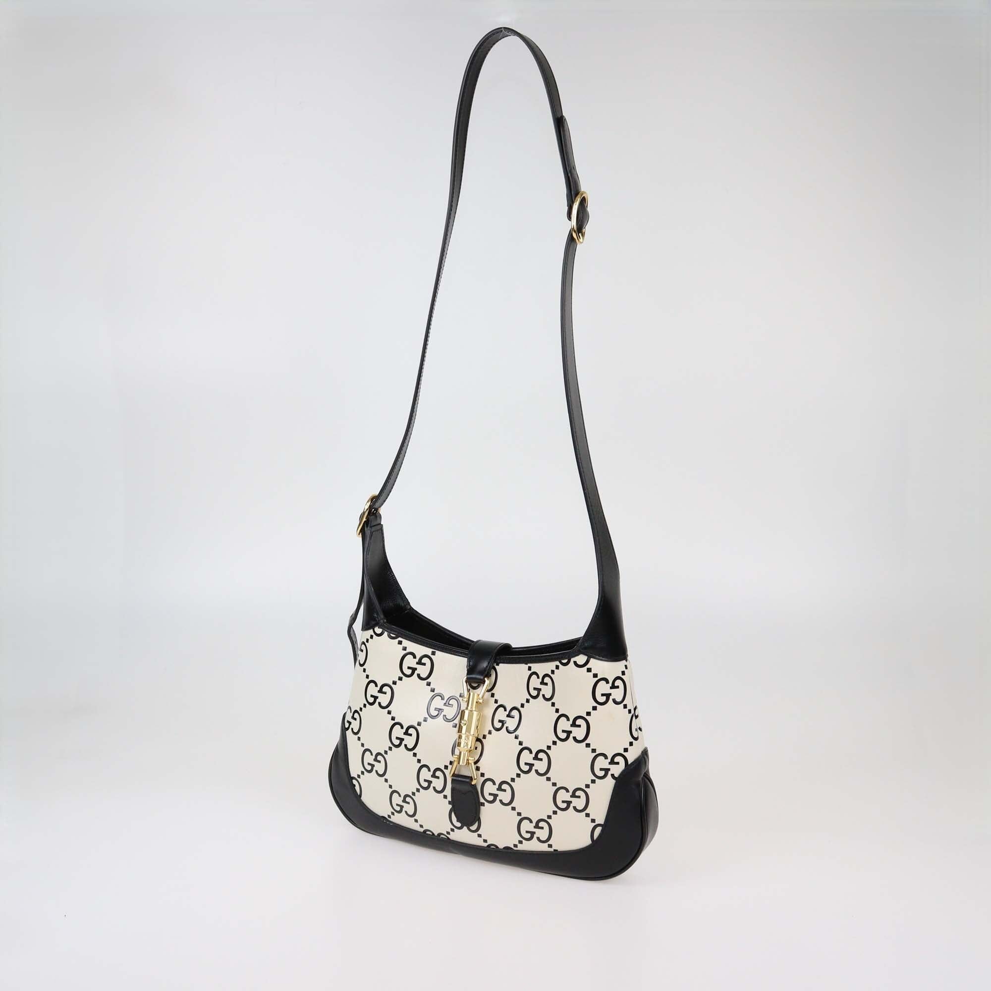 Gucci Black/White GG Leather Medium Jackie 1961 Hobo Womens Gucci 