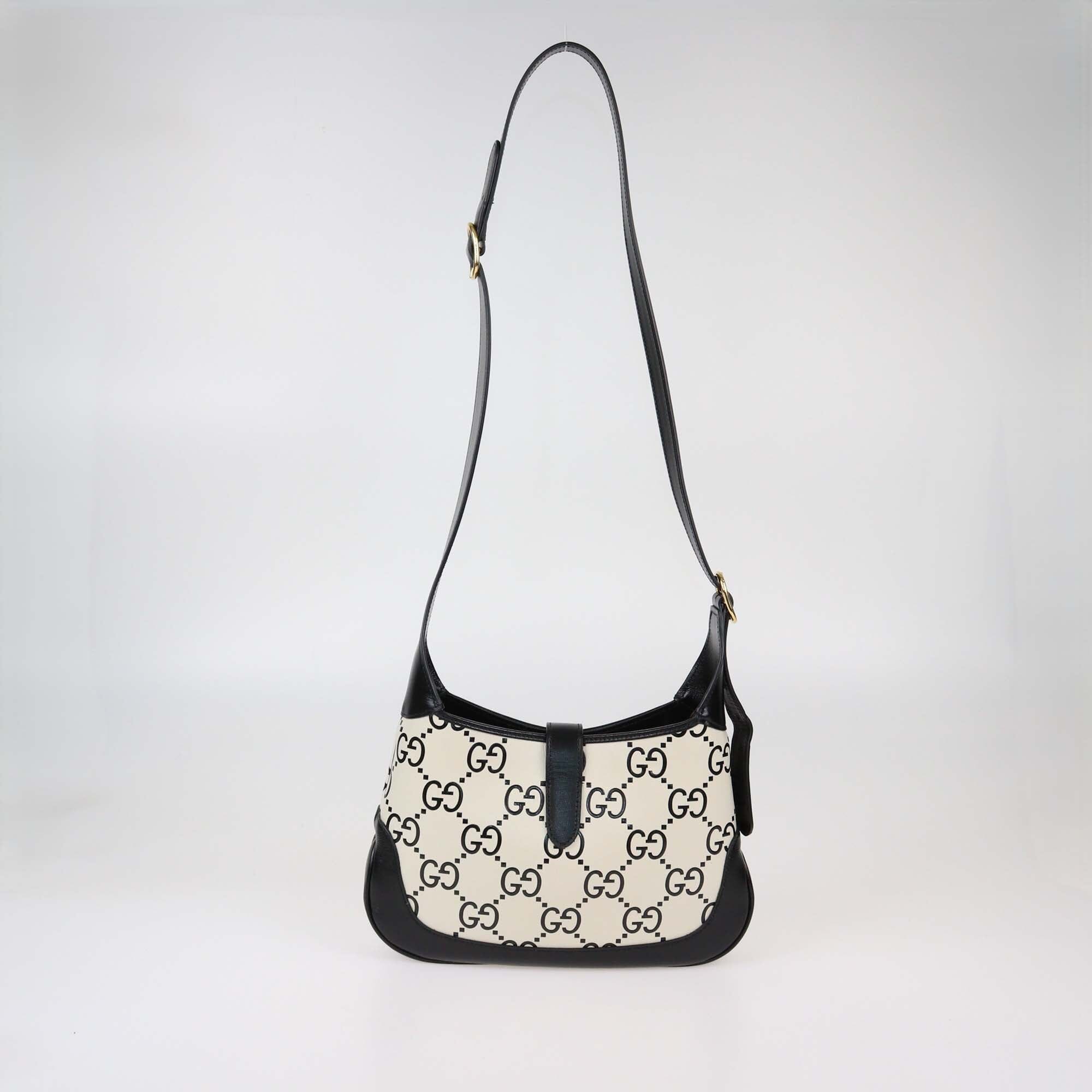 Gucci Black/White GG Leather Medium Jackie 1961 Hobo Womens Gucci 