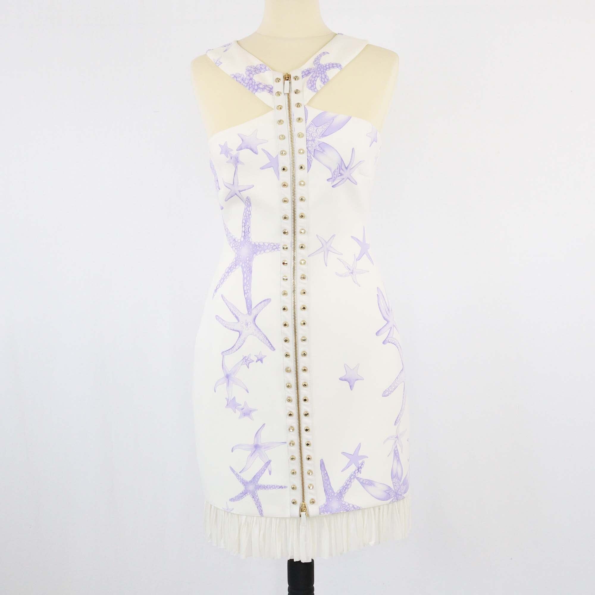 Versace White/Purple Printed Studded Zip Front Mini Dress Womens Versace 