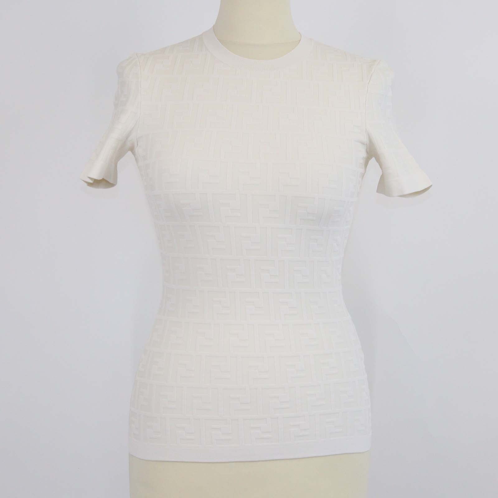 Fendi Off White Blend Viscose FF Jacquard Knit Short Sleeve T-Shirt