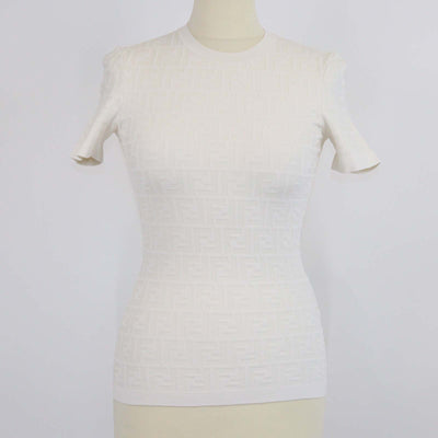 Fendi Off White Blend Viscose FF Jacquard Knit Short Sleeve T-Shirt