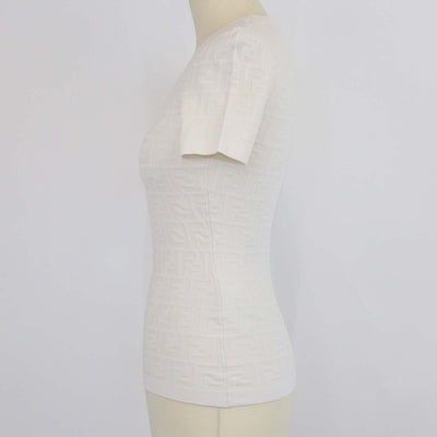 Fendi Off White Blend Viscose FF Jacquard Knit Short Sleeve T-Shirt