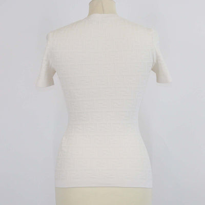Fendi Off White Blend Viscose FF Jacquard Knit Short Sleeve T-Shirt