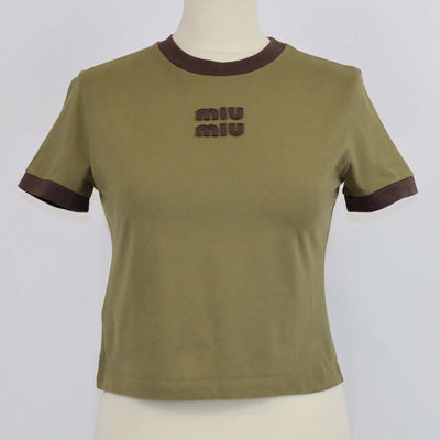 Miu Miu Green/Brown Cotton Flocked Logo Crop T-Shirt