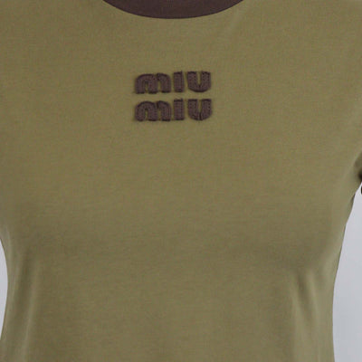 Miu Miu Green/Brown Cotton Flocked Logo Crop T-Shirt