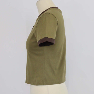 Miu Miu Green/Brown Cotton Flocked Logo Crop T-Shirt