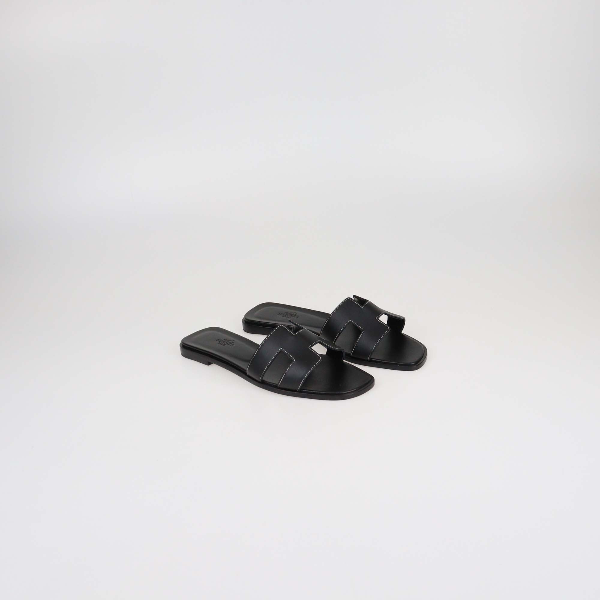 Hermes Black Box Calf Leather Oran Sandals