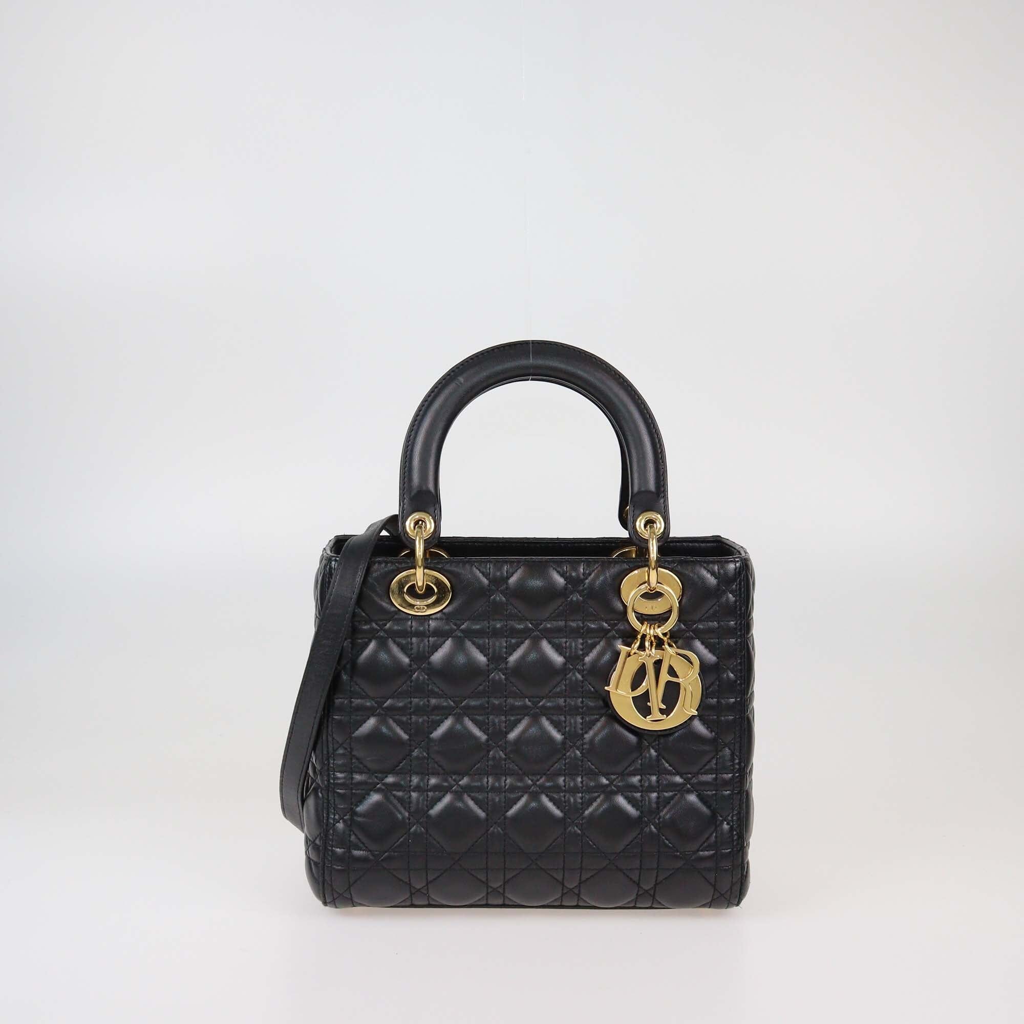 Christian Dior Black Cannage Lady Dior Medium Leather Handle Bag Womens Christian Dior 