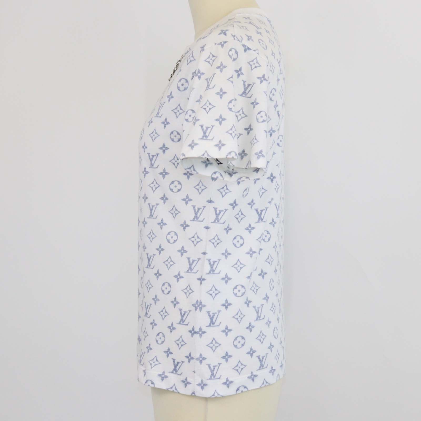 Louis Vuitton White/Blue Monogram Cotton Chain Detail T-Shirt