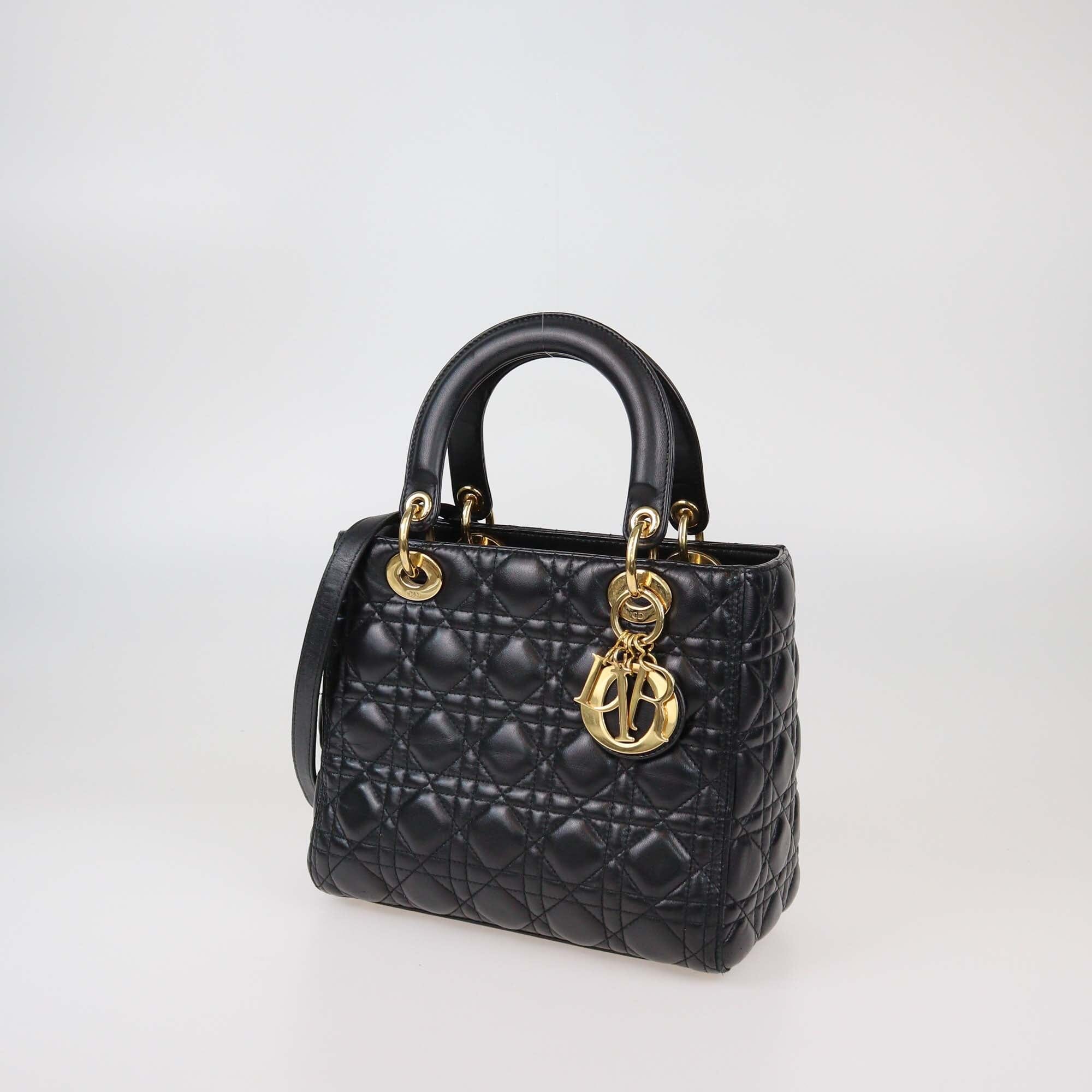 Christian Dior Black Cannage Lady Dior Medium Leather Handle Bag Womens Christian Dior 