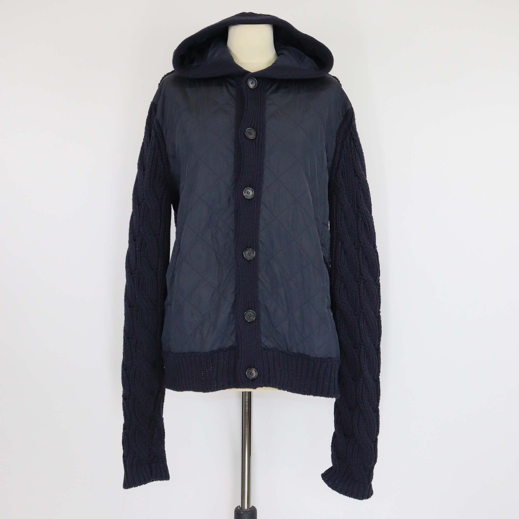 Prada Sport Navy Blue Wool & Nylon Buttons Front Cable Knit Hoodie Mens Prada Sport 